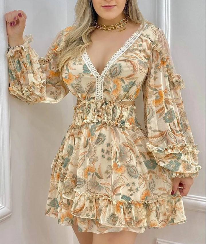 European And American Women's New Hollow Lace Print Skirt