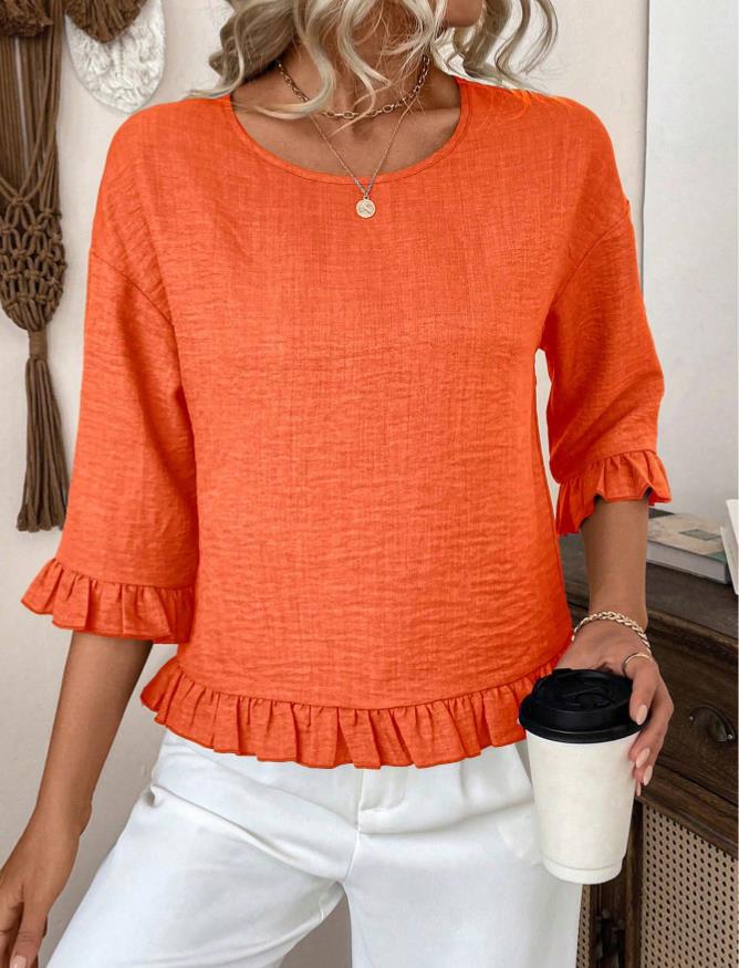 Round Neck Ruffle Sleeve Loose Casual Blouse Top