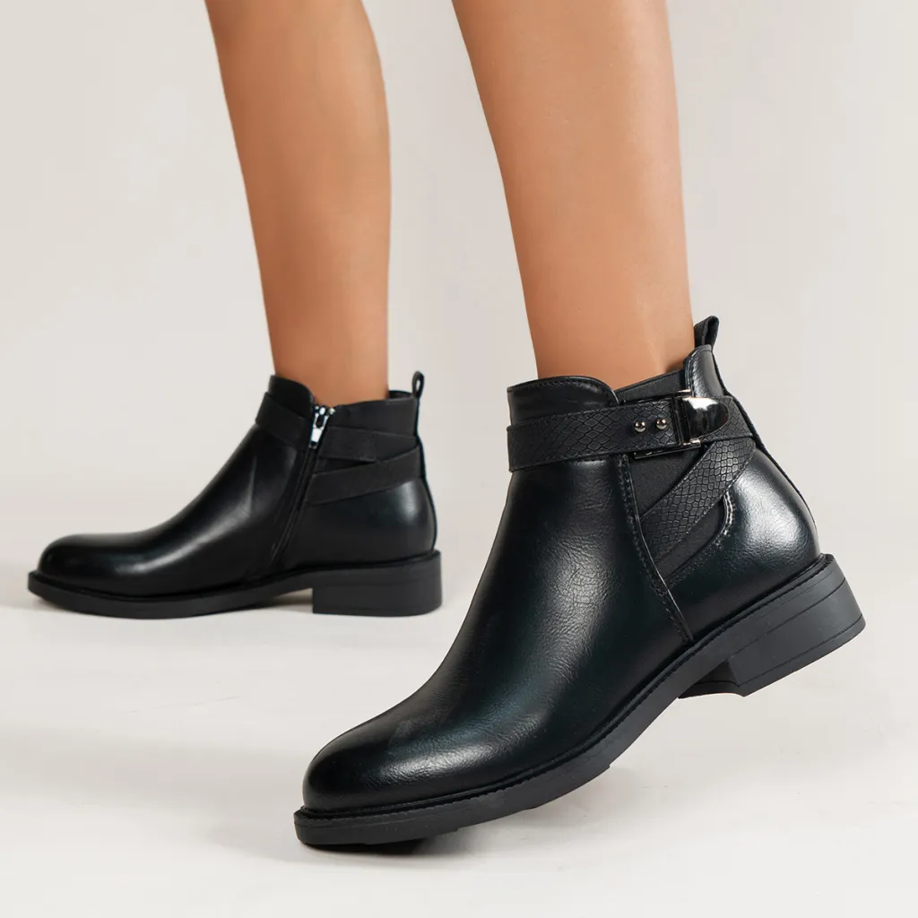 Chelsea Boots Women Black Ankle Boots Side Zipper Buckle Shoes - Black