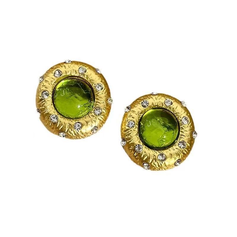 Vintage French Green Stud Earrings, Retro Elegant Minimalist Versatile Jewelry For Women