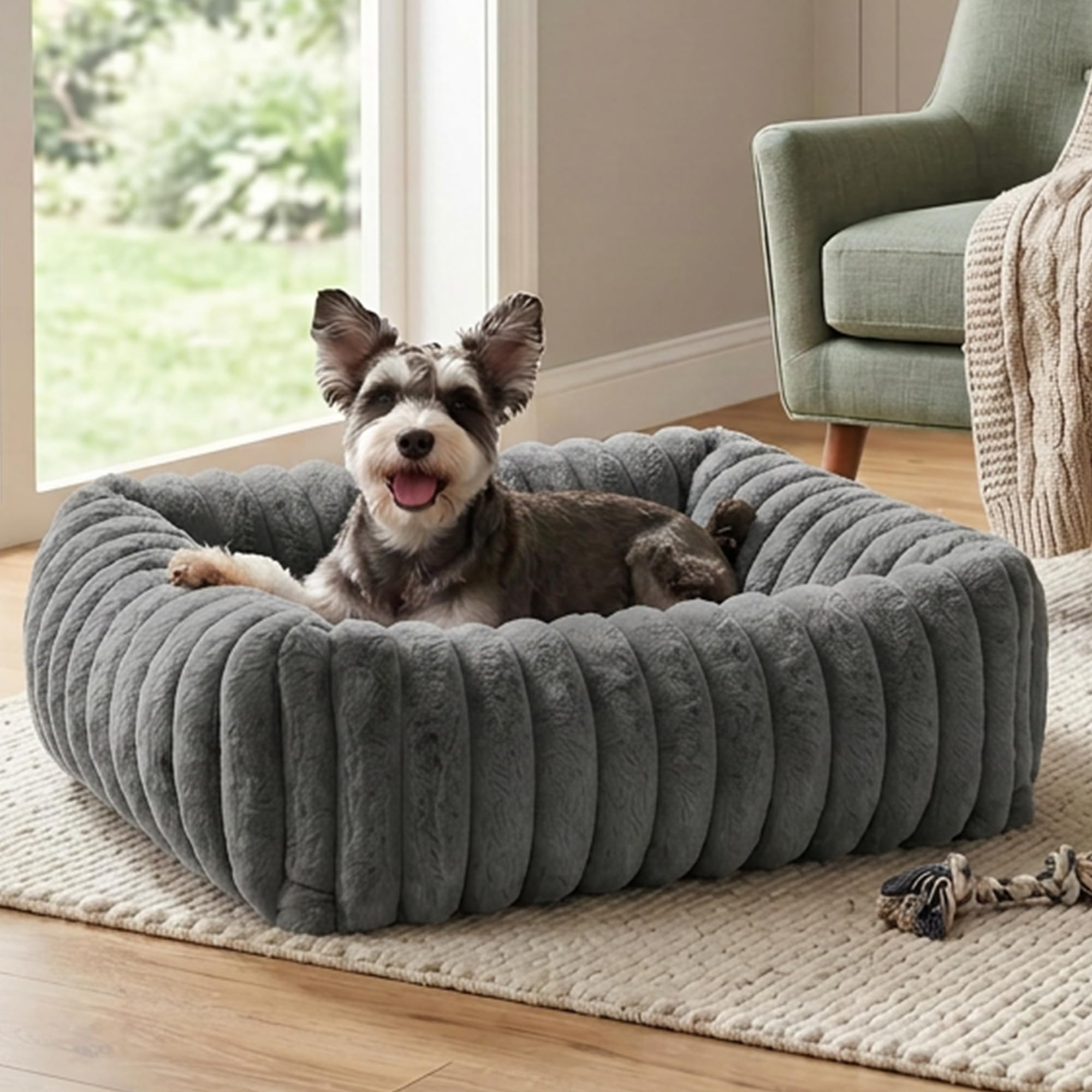 Dog Beds For Small Medium Dogs, Washable Fluffy Cat Puppy Bed Rectangle Calming Sleeping Pet Cat Bed For Indoor Dogs, Removable Zipper Cover, Anti-Slip Bottom
