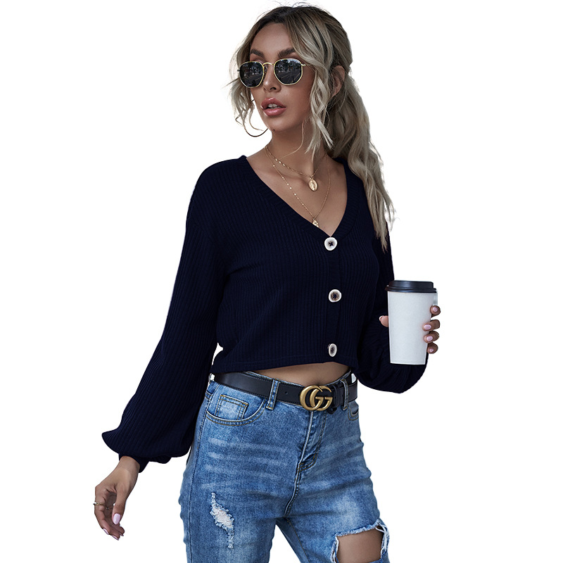 V-Neck Ribbed Slim Long-Sleeved Solid Color Shirt