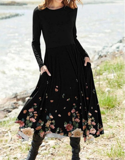 Round Neck Pocket Long Sleeve Trend Print Dress Female