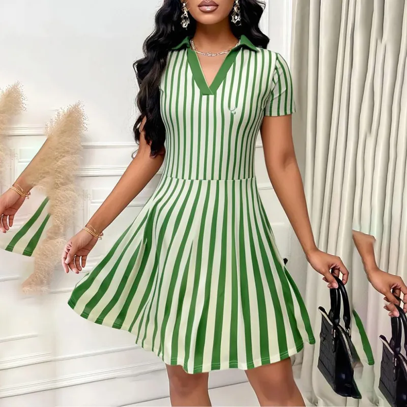 Women's Polo Dress Elegant Striped V Neck Short Sleeve A Line Dresses - Green