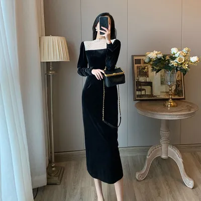 Slim Fit Slim Wrap Hip Black Velvet Dress Black - Shop at LoveMi