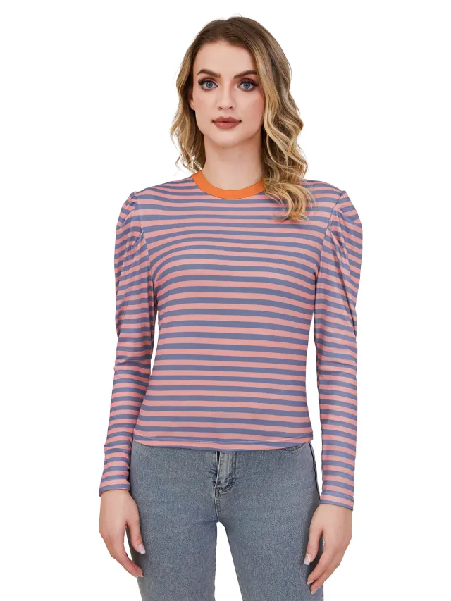 Women's Long Sleeved Striped Round Neck Top Orange - Shop at LoveMi