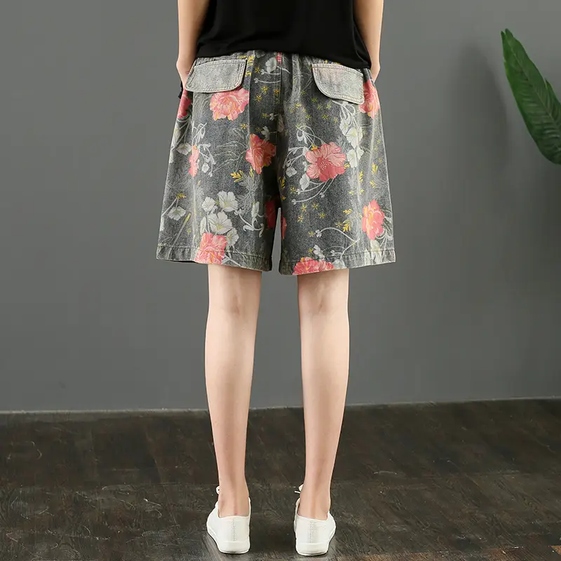 Summer Thin Denim Printed Five - Quarter Wide Leg Pants For Women