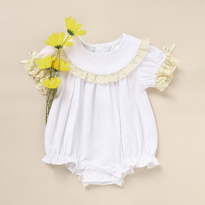 Baby Girl White Lace Romper Soft & Stylish Short Sleeve Bubble Jumpsuit For Wedding Season & Summer — foto 6