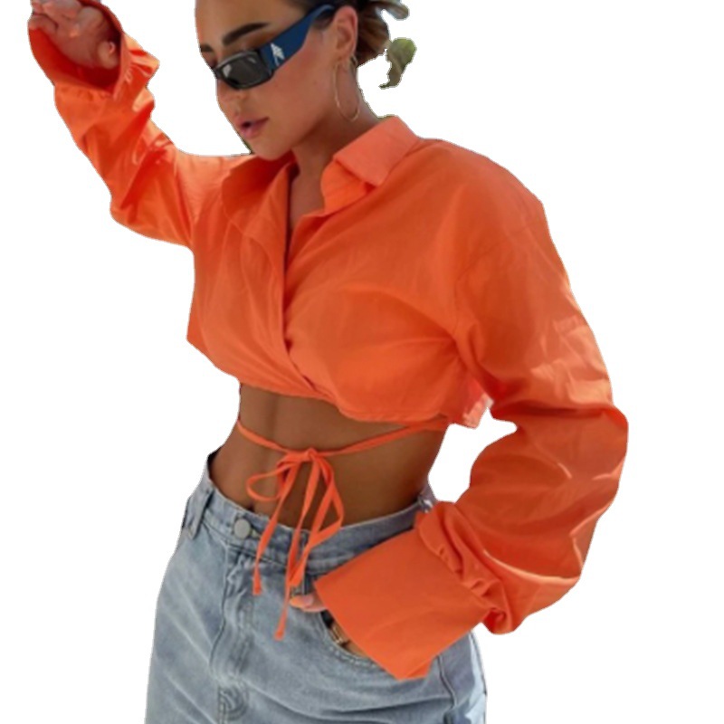 Women's Solid Color Cropped Cross Tie Long Sleeve Shirt