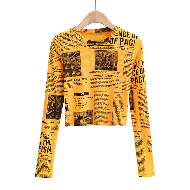 Tight-fitting Bottoming Shirt Net Red Women's Round Neck Newspaper Printing Long-sleeved T-shirt Short Top