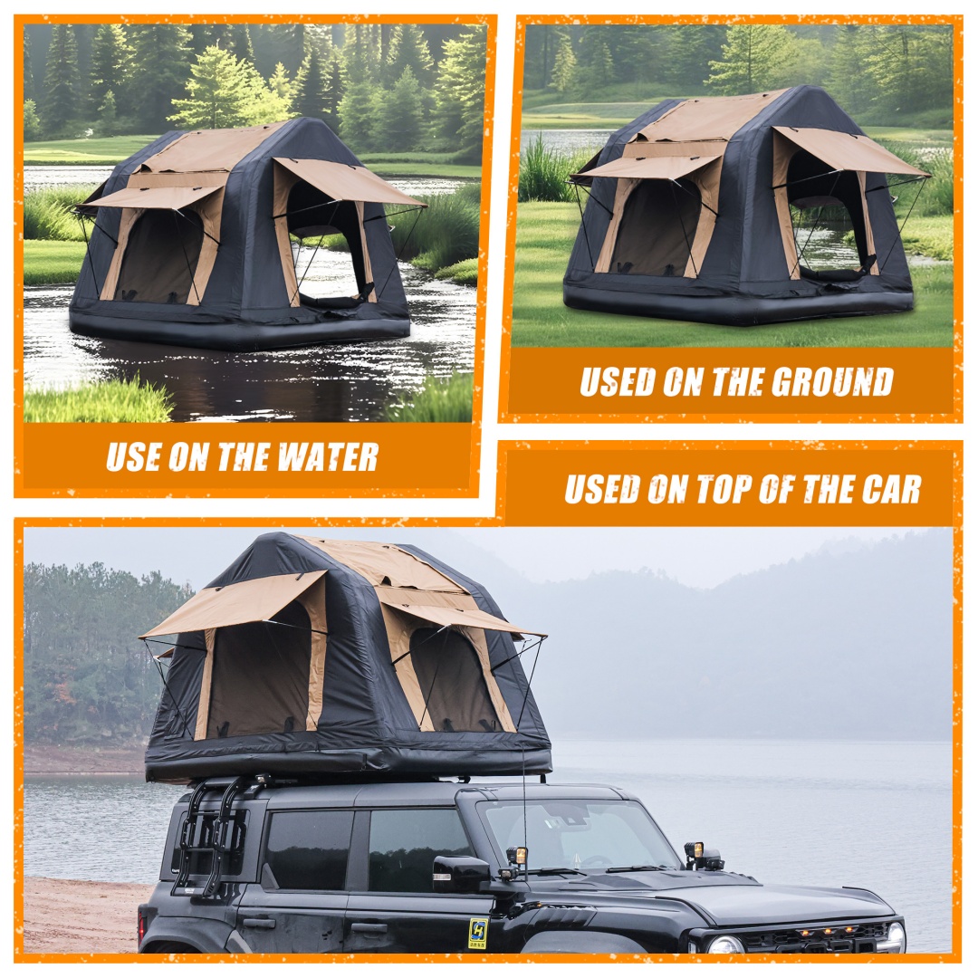 Foldable 2-3 People Amphibious Inflatable Car Roof Top Tent For Camping Outdoor Glamping Camping Tent For SUV,Truck  Without Ladder, Two-tone Style, Khaki & Black