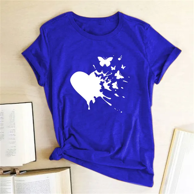 Butterfly Love Printed Casual All-match Loose Ladies Short Sleeve T-Shirt - Royal Blue