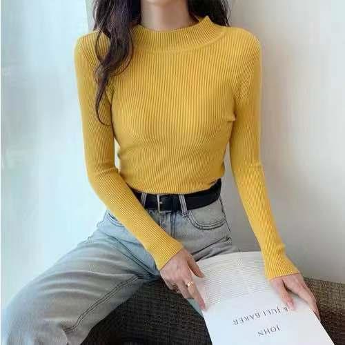 Long-sleeved Pullover All-match Solid Color Half High Collar Students