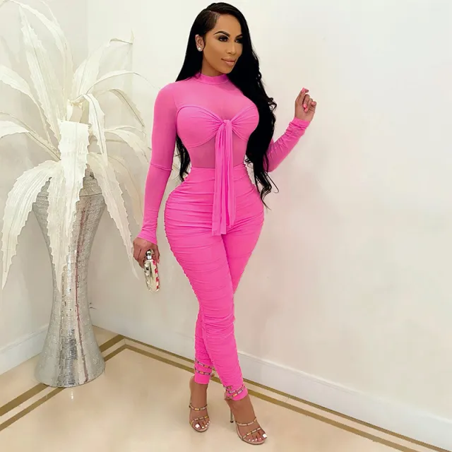 Long sleeved Tight fitting Lace up High stretch Sexy Nightclub Net Gauze Jumpsuit Rose Red - Shop at LoveMi