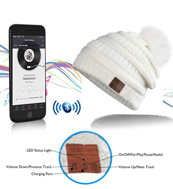 Music Plus Fluff Ball Knitted Hat Keeps Warm In Winter