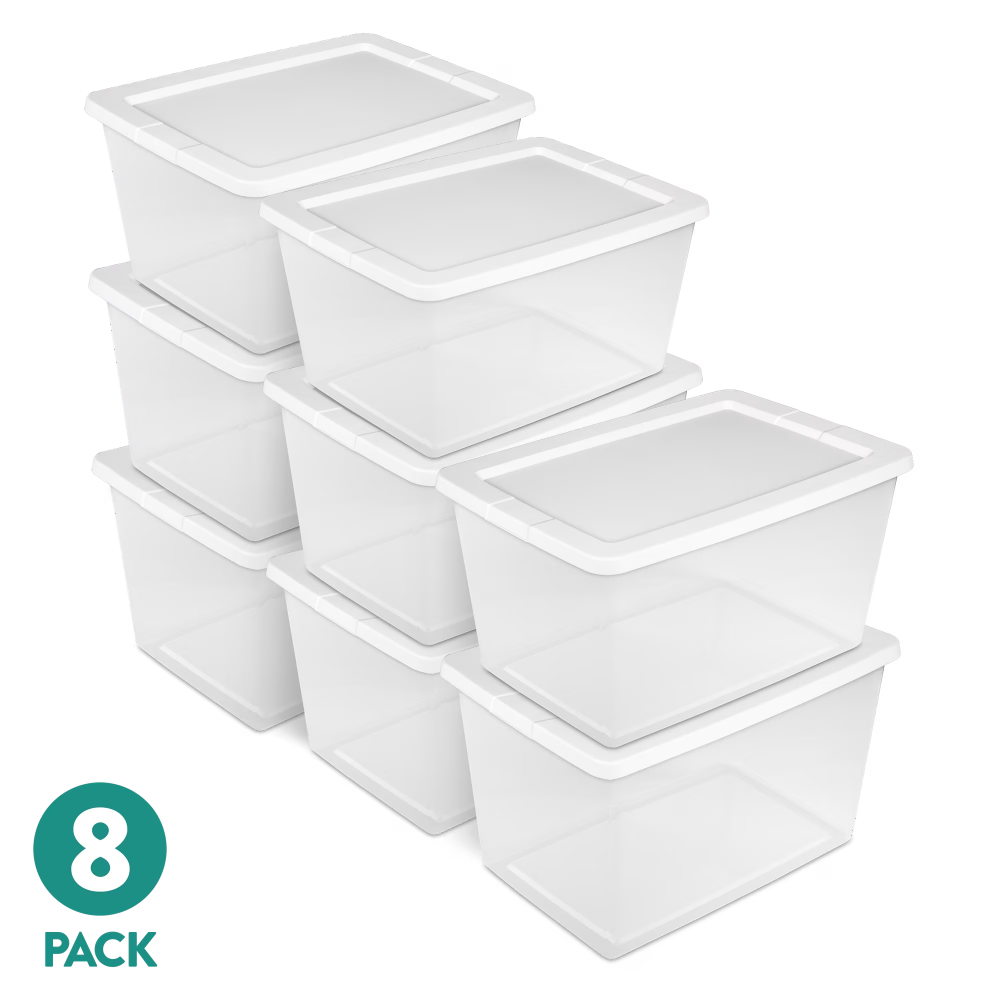 58 Quart Storage Box, Clear Plastic Storage Bin With Snap-on Lid, White, 8 Pack Shipment From Walmart