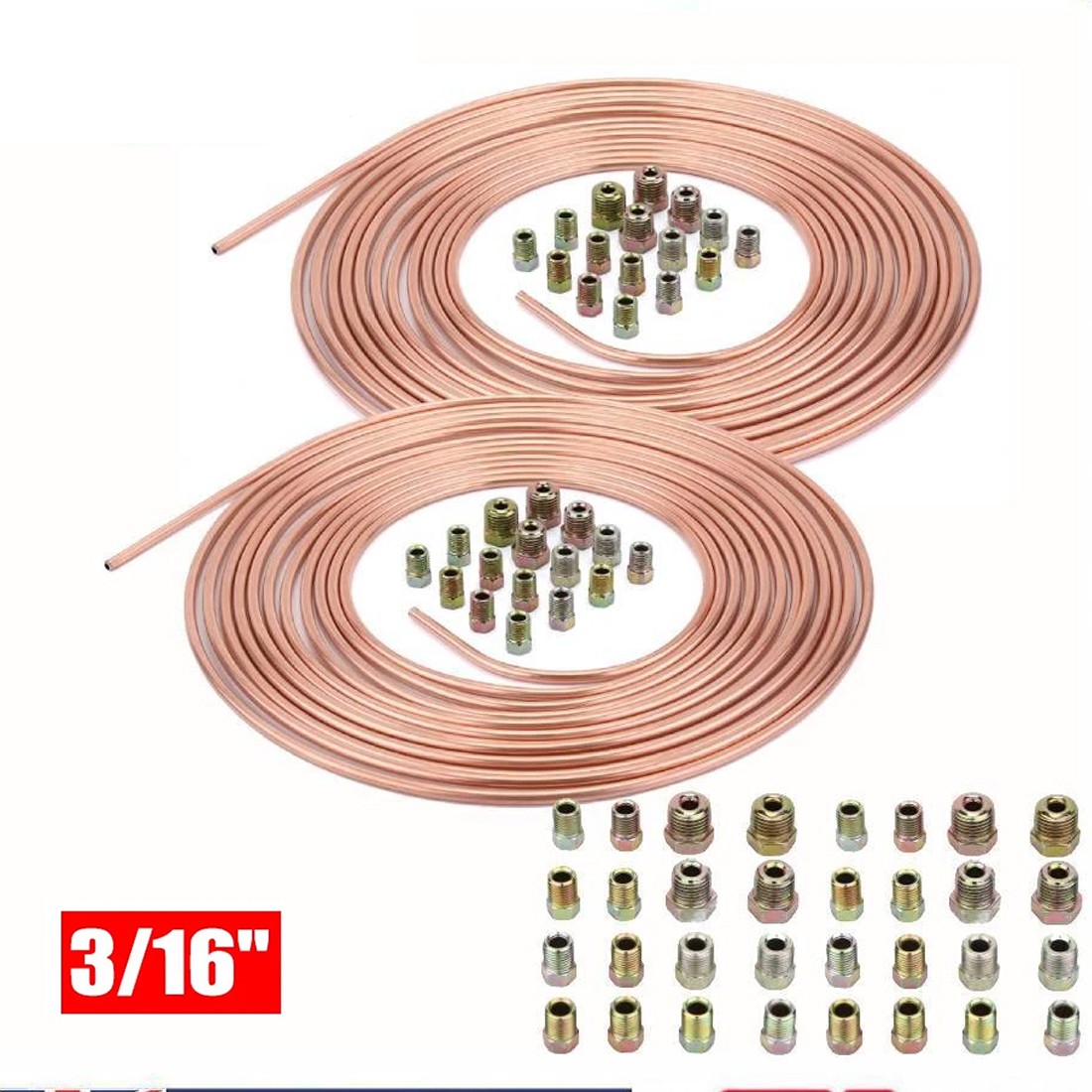 2x 25ft Copper Brake Pipe Line Tube Rolls Kit with 32 Nut Fittings — image 12