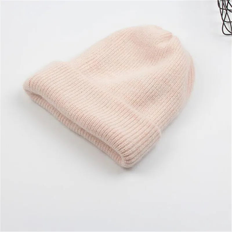 Angora Rabbit Fur Knitted Woolen Hat - Pink