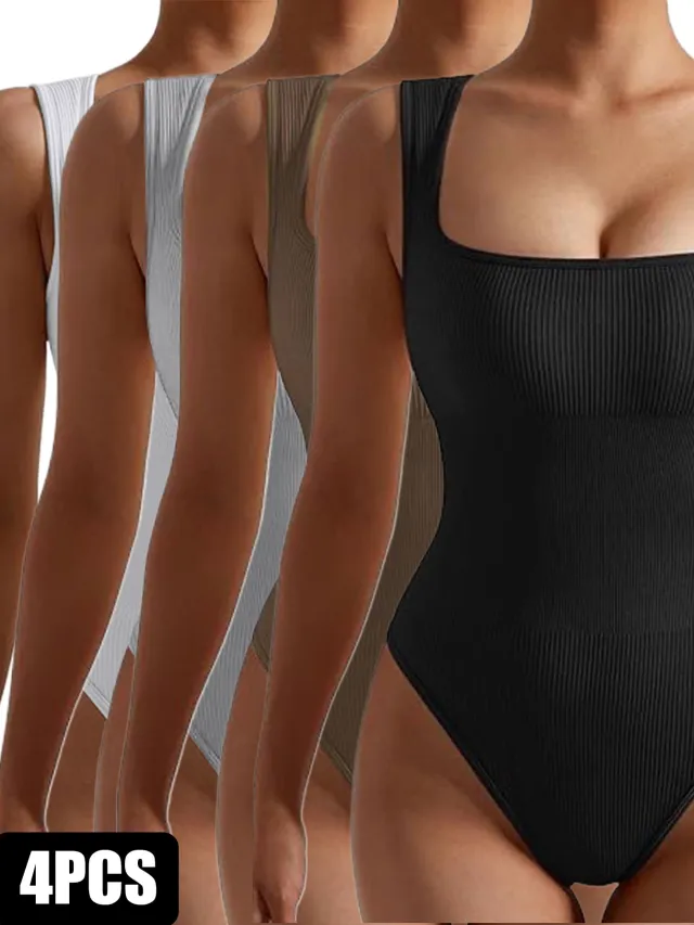 4 Pack Women Jumpsuit Workout Romper Short Sleeve Gym One Piece Bodycon Unitards Tummy Control Yoga Bodysuit 4Pack1 - Shop at LoveMi