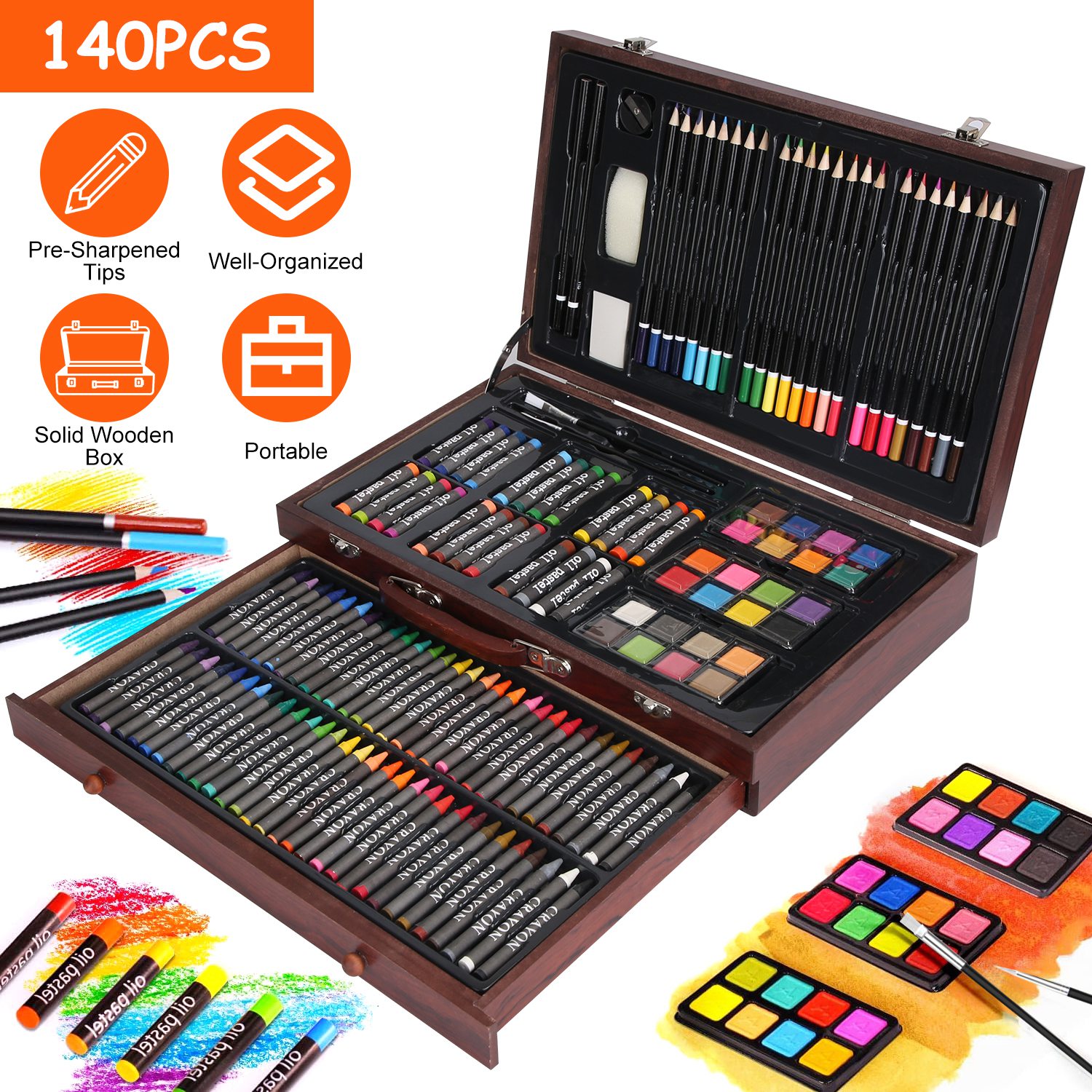 140Pcs Art Supplies With Colored Pencils Oil Pastels Crayons, Watercolor Cakes Brushes Sharpener Eraser In Elegant Wooden Box Professional Art Kit For Kids Adults Beginners Pros Office Supplies_voghion.com