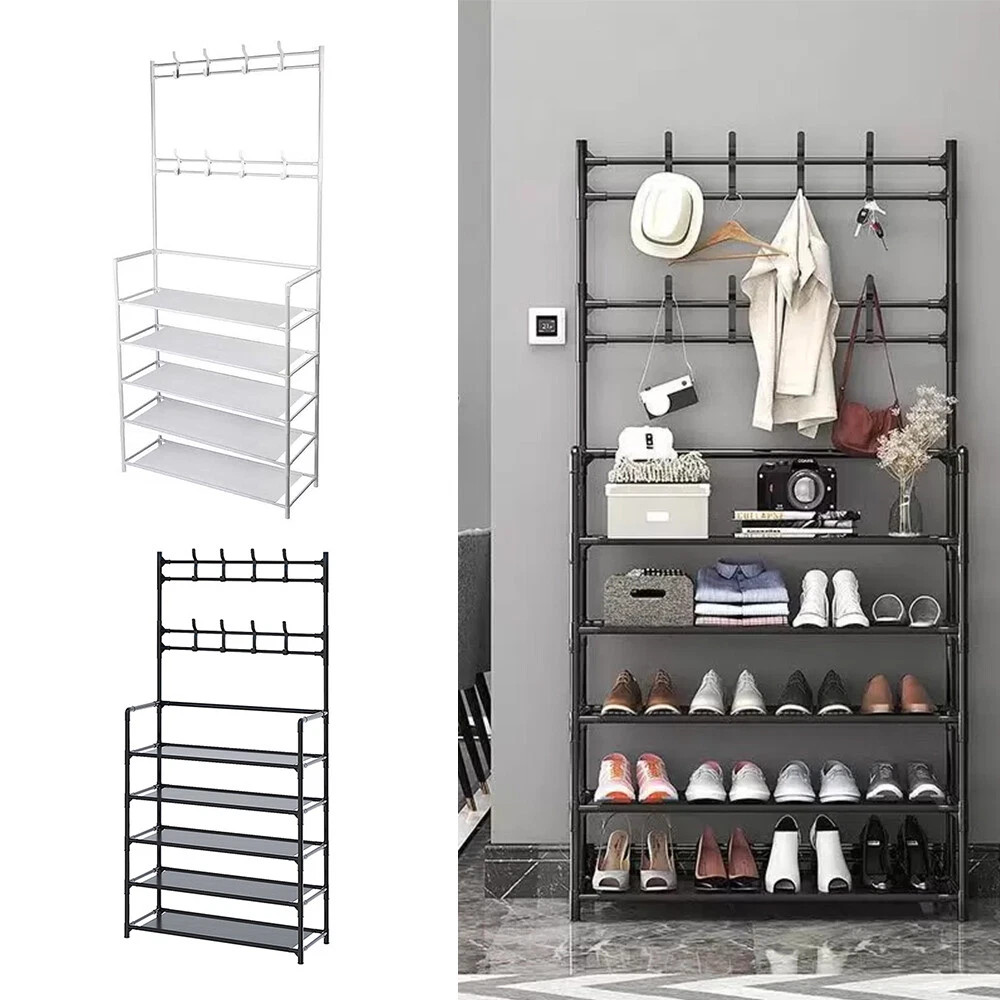New Coat And Hat Stand 8 Hooks Metal Shoe Rack 5 Tiers Shelf Hanger Black 4