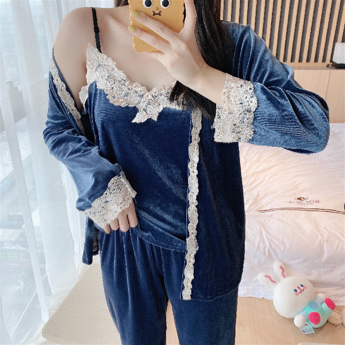 New Women's Gold Velvet Lace Tops Vest Trousers Three-piece Set