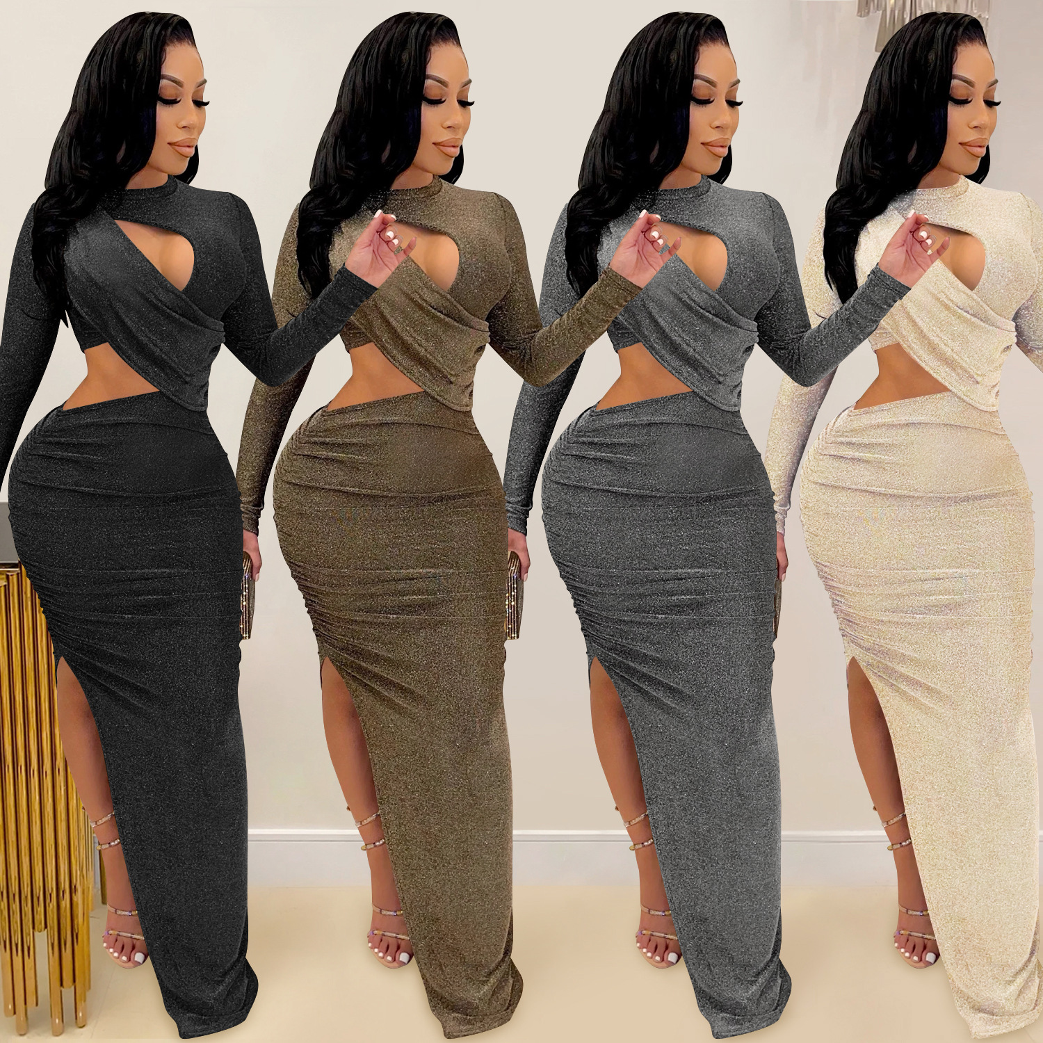 Ladies Long Sleeve Hollow Split Dress - 5