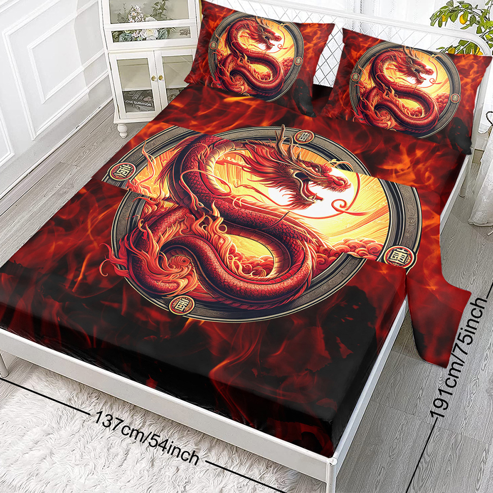 3D Dragon Gifts Flat Sheet Set Red Dragon Sheet Set For Kids Boys Girls Room Decor, Wildlife Pattern Bed Cover
