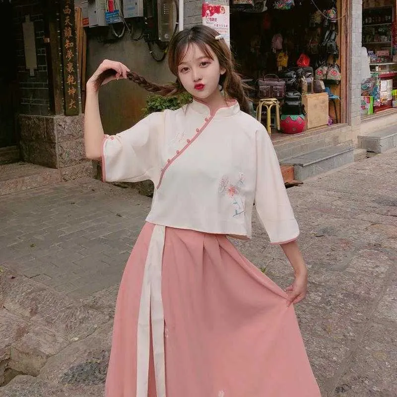 Female Han Elements National Style Daily Song Pants To Work Culottes Wide Leg Pants - Pink Red