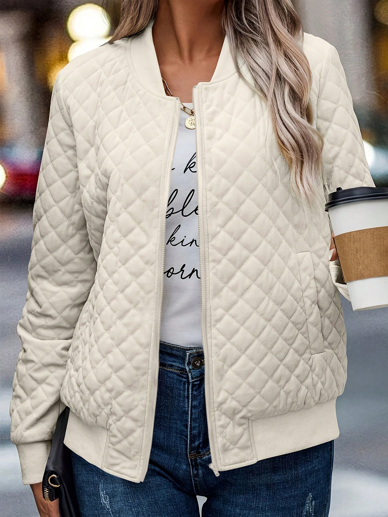 Women Woven Quilted Bomber Jacket Zip Up Stand Collar Lightweight Outerwear 5