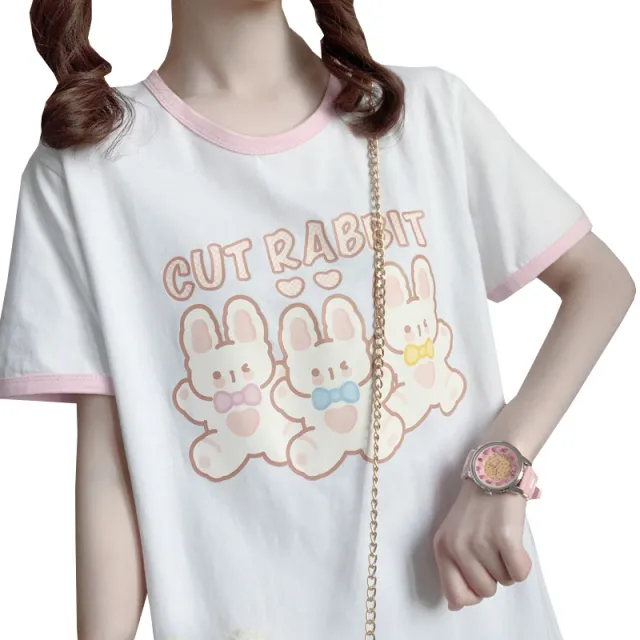 Tutu Print Summer New Cute Soft Girl Sweet Loose Short sleeved T shirt Women Pure Cotton T shirt White - Shop at LoveMi