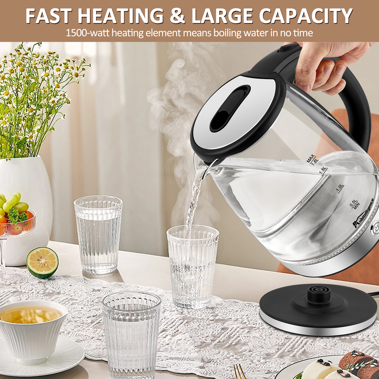 1.8L Glass Electric Kettle with Keep Warm. BPA Free Materials, Keep Temperature Function, Fast Boil, Automatic shut-off, Easy to Clean. Image source: https://cf.cjdropshipping.com/dc36268c-ab29-4312-be60-d1573b4f4e7d.jpg