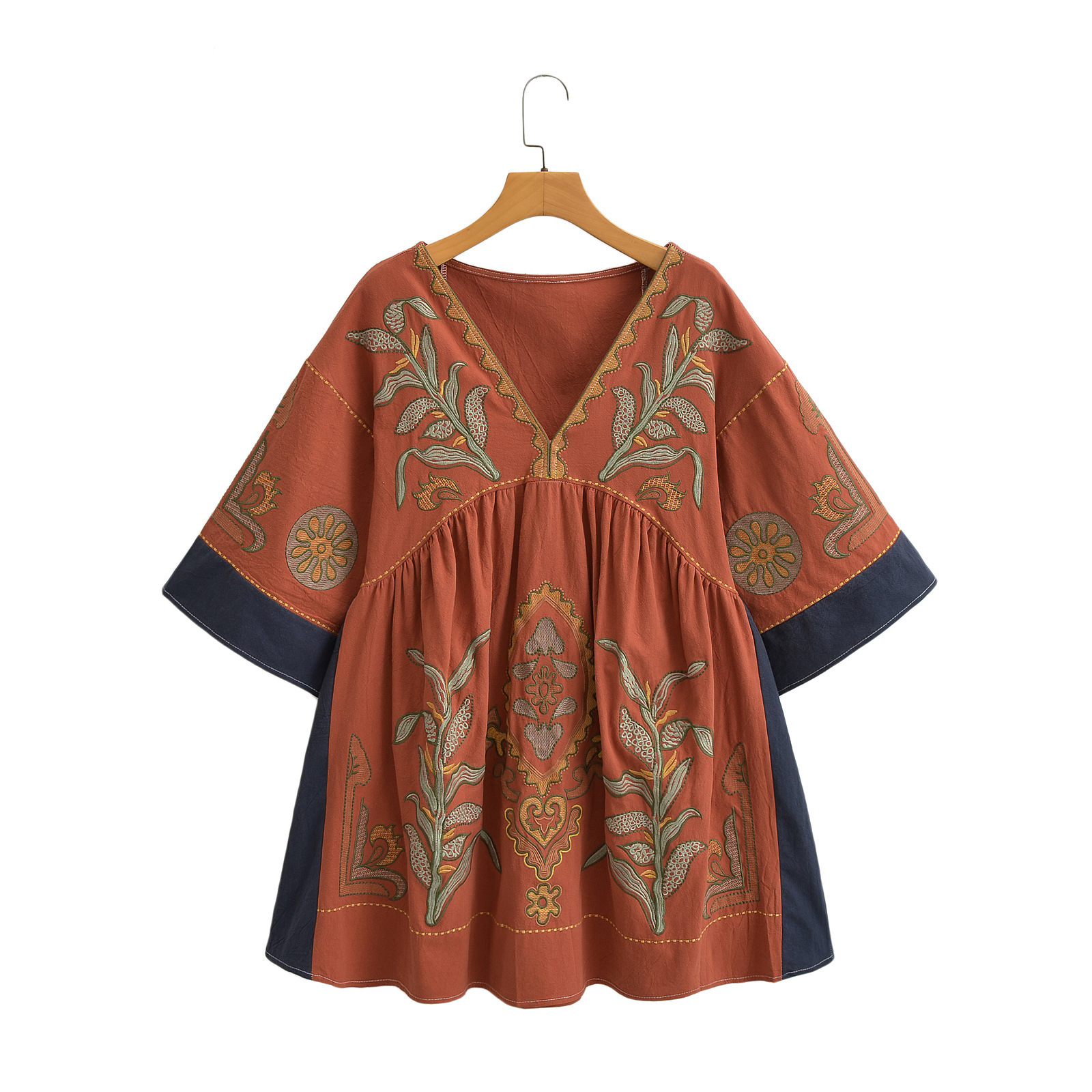 Bohemian Floral Embroidered Loose V-Neck Three-quarters Sleeve Blouse For Women - Spring Summer Autumn Casual Flowy Top