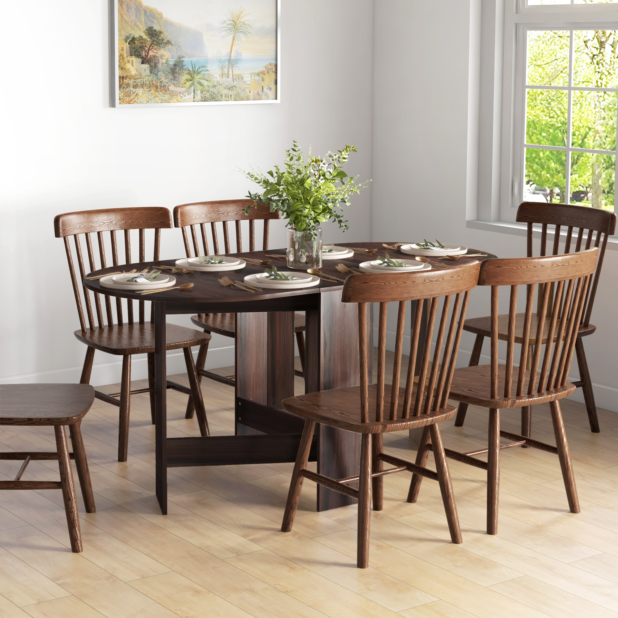 Folding Dining Table, Suitable For Small Spaces, Oval Tabletop, Chocolate Wood — image 5
