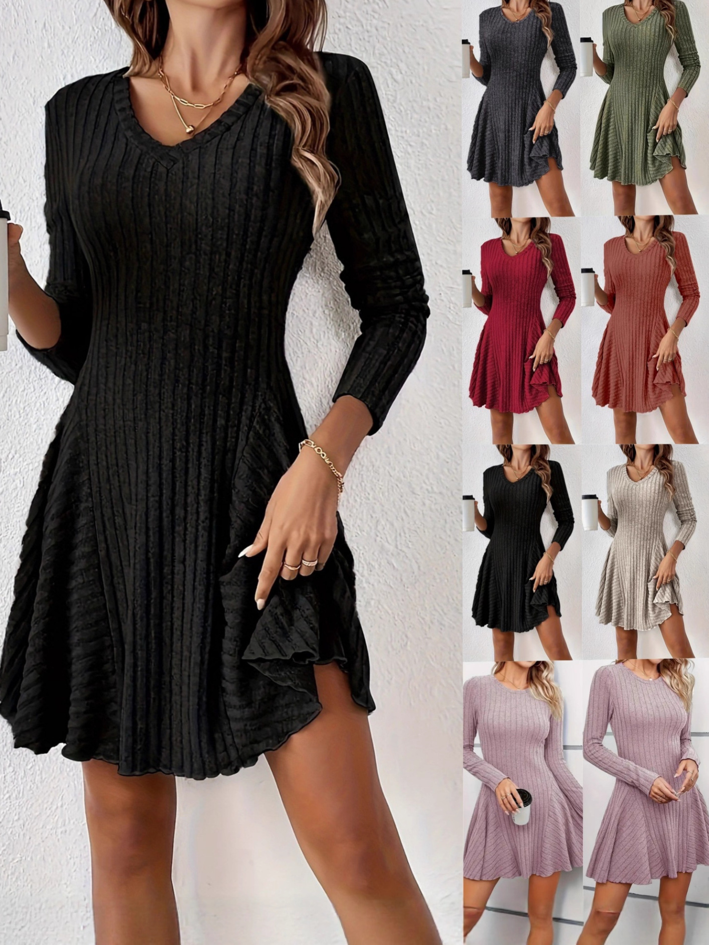 Women's V-Neck Long Sleeve Ribbed Knit Ruffle Hem Mini Dress - Casual Bodycon Flared Swing Dress, Multiple Colors Available