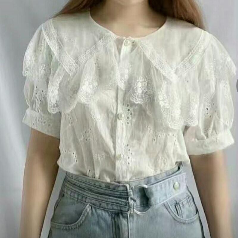 Title 3, Temperament Hollow Embroidery White Lace Shirt ...