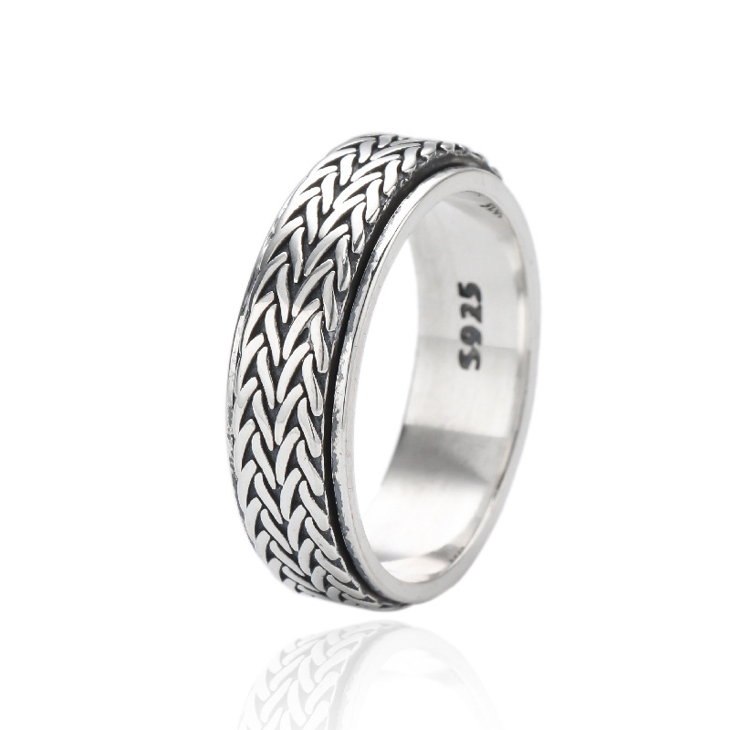 S925 Sterling Silver Vintage Rotatable Hemp Rope Ring Girl
