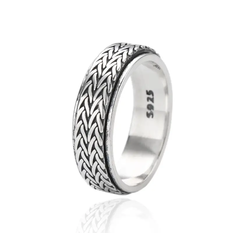 S925 Sterling Silver Vintage Rotatable Hemp Rope Ring Girl
