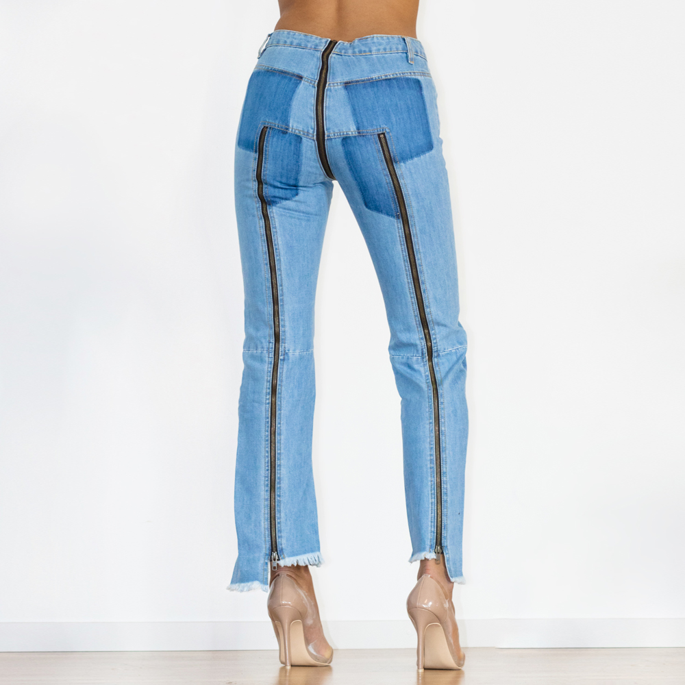 BEYONDARY Women's Light Blue Split Straight Jeans – Slim Fit Zipper Denim Pants for Club & Dance