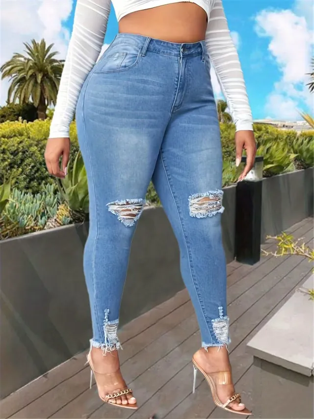 Women's Fashion Ripped Plus Size Jeans Blue - Shop at LoveMi