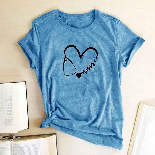 Large Size Women's Nurse Heart Casual Crew Neck Top Short Sleeve T shirt Blue - Shop at LoveMi