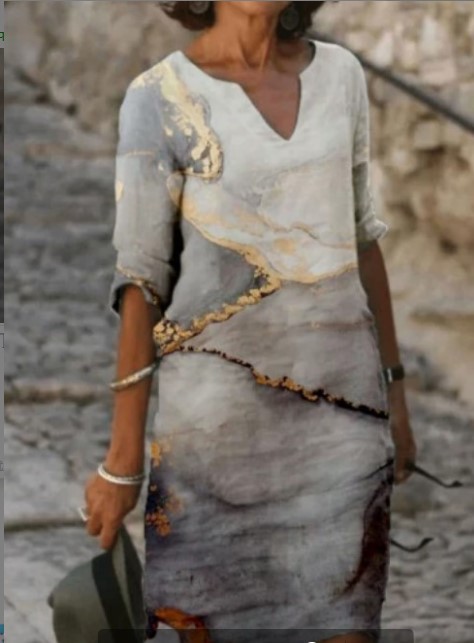 Printed Mid Sleeve V Neck Slim Dress Female Print Mid Waist Green Pullover A Line Skirt