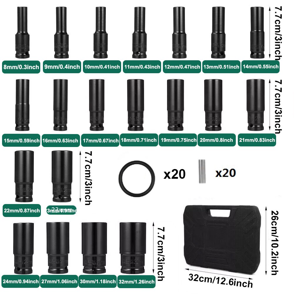 20PCS Deep Impact Socket Set 1 2 Inch Drive Metric 8 - 32mm For Car Truck — image 6