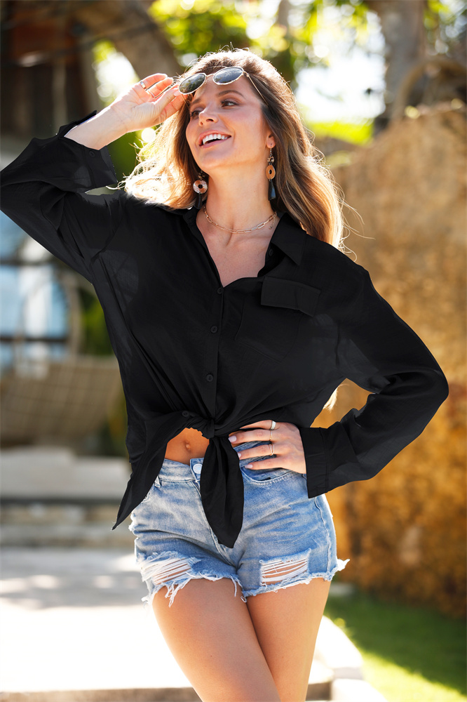 Knitted Wrinkle Fabric Button Long Cover Up Shirt, Hot Selling Bikini Outerwear Beach Shirt