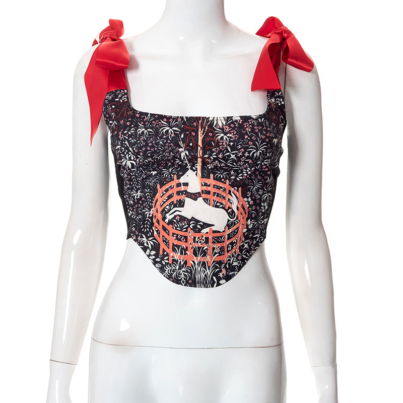 New Pullover Sleeveless Lace-Up Print Crop Corset