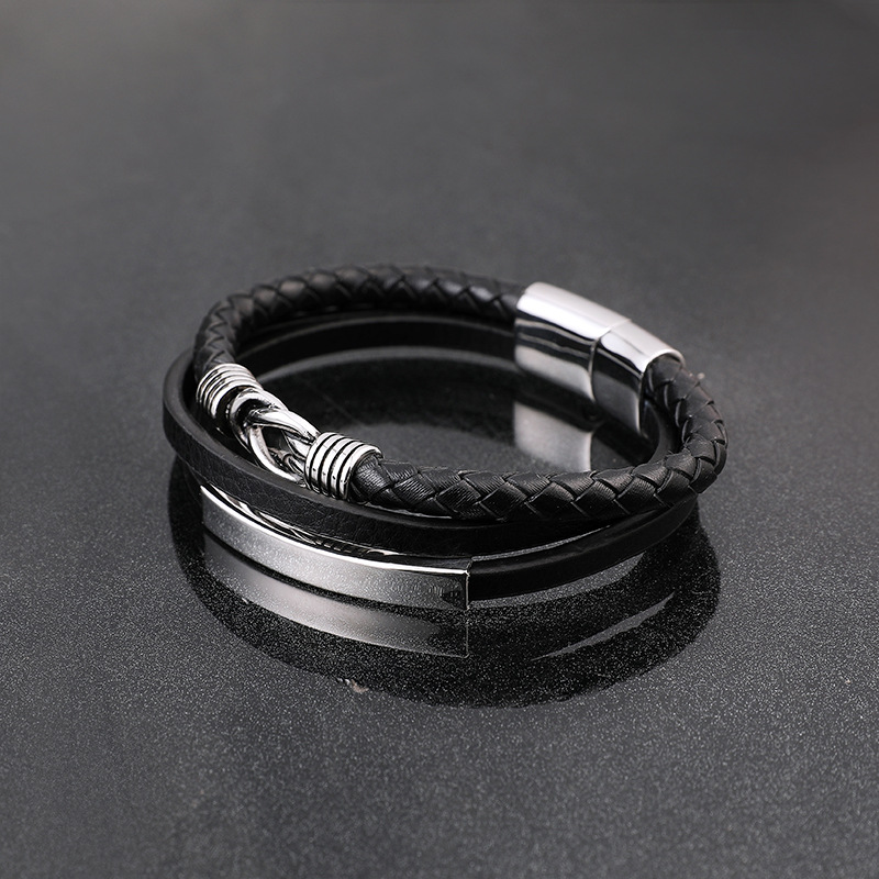 Title 5, Stainless Steel Leather Bracelet Multilayer Bra...