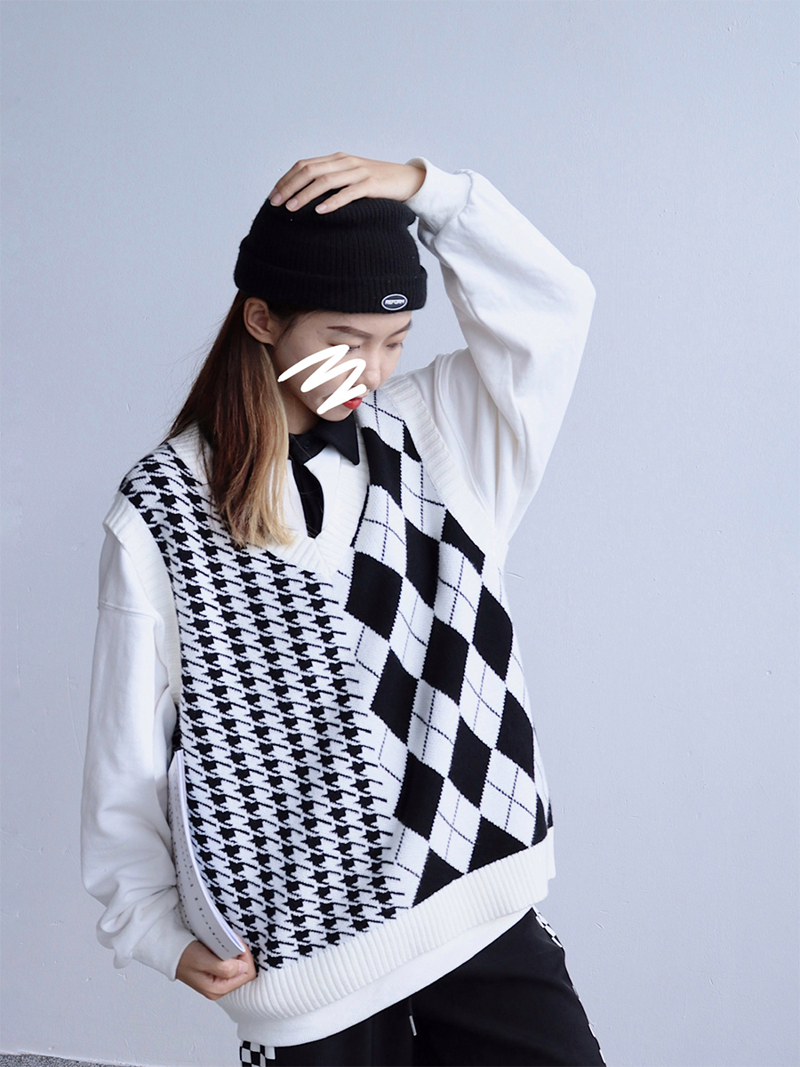 Title 4, Rhombus Knitted Shirt Layered Over Vest