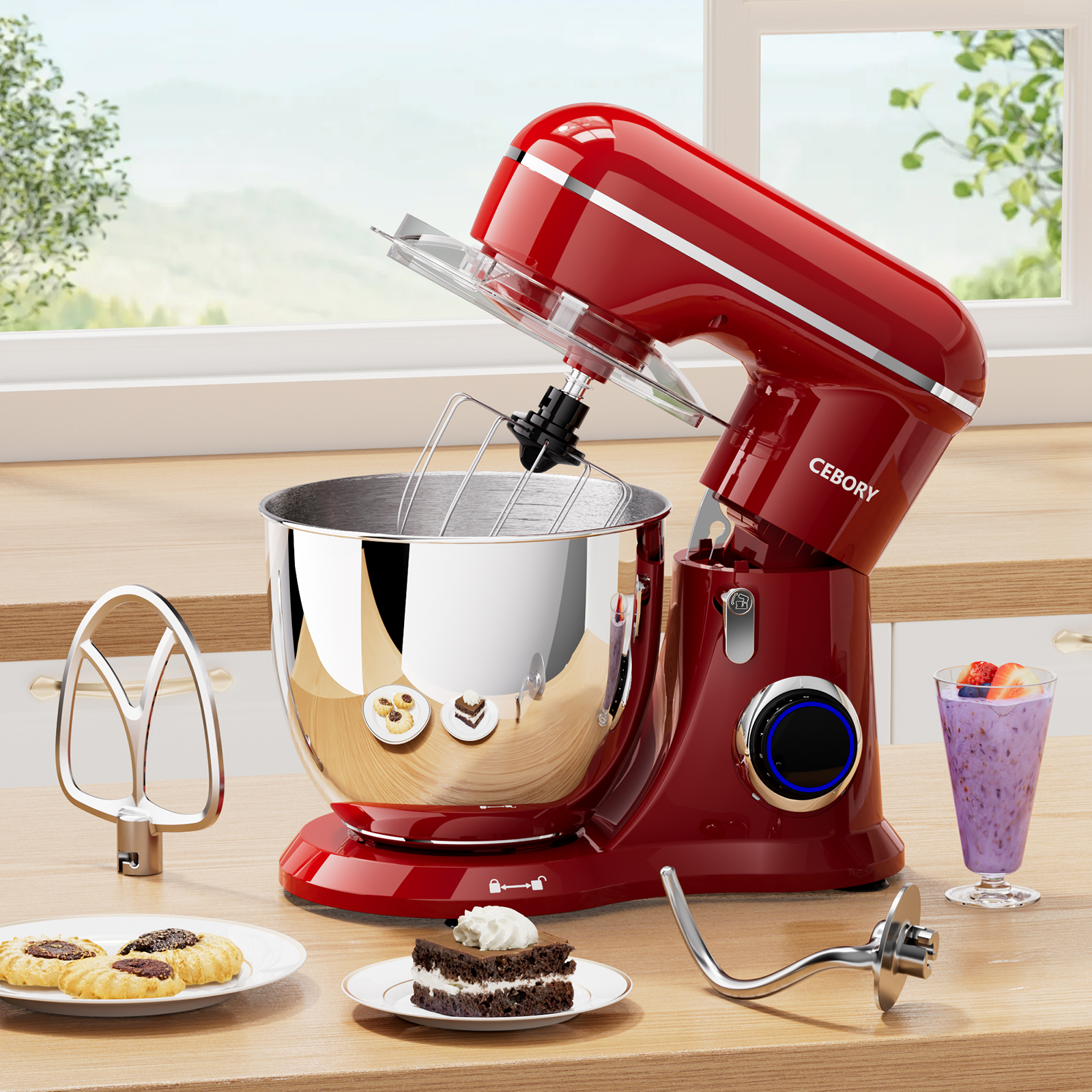 electric stand mixer with attachments and accessories in empire red color