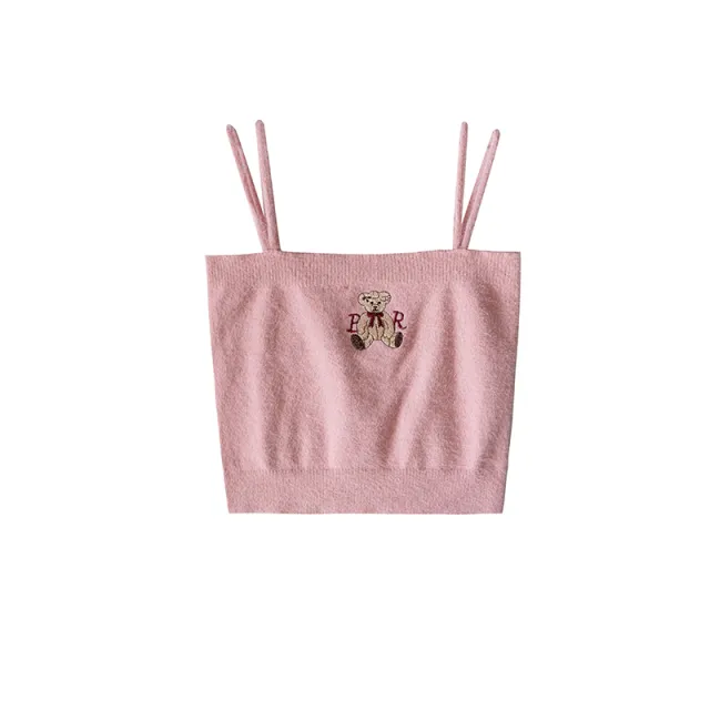 Women's Cartoon Bear Embroidery Knitted Camisole Pink - Shop at LoveMi