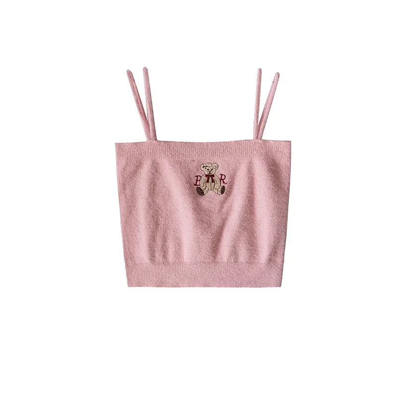 Women's Cartoon Bear Embroidery Knitted Camisole - Pink